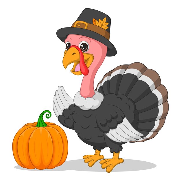 Vector pavo feliz de dibujos animados con calabaza