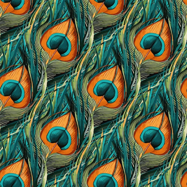 Pavo real colorido pluma macho pájaro cola plumaje vector patrón sin costuras diseño vívido
