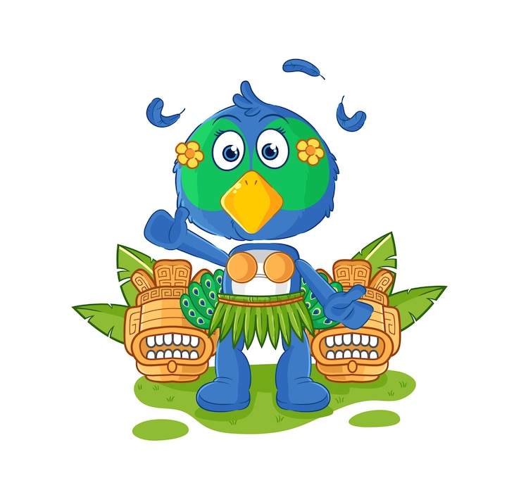 Vector pavo real hawaiano agitando personaje de dibujos animados mascota vector