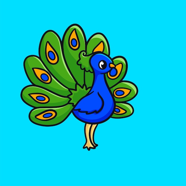 Pavo Real Mascota Dibujos Animados Vector Diseño Plano Linda Sonrisa Expresión