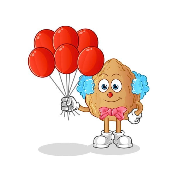 Payaso de almendra con personaje de dibujos animados de vector de globos