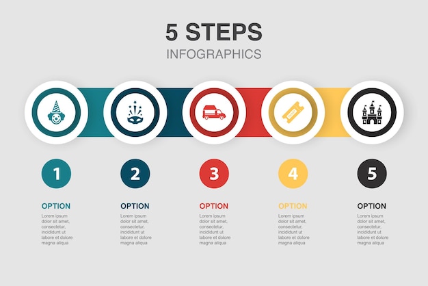 Payaso carnaval comida camión boleto castillo iconos diseño infográfico plantilla de diseño concepto de presentación creativa con 5 pasos