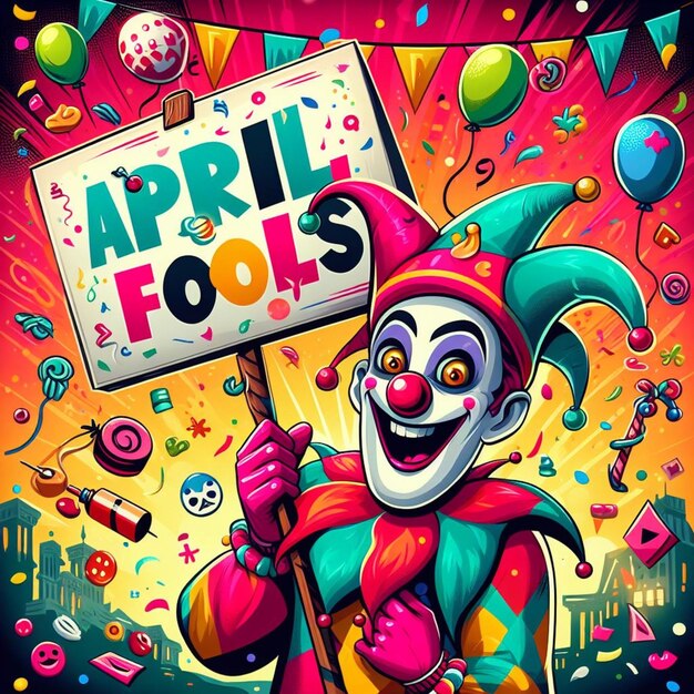 un payaso con un cartel que dice April Fools