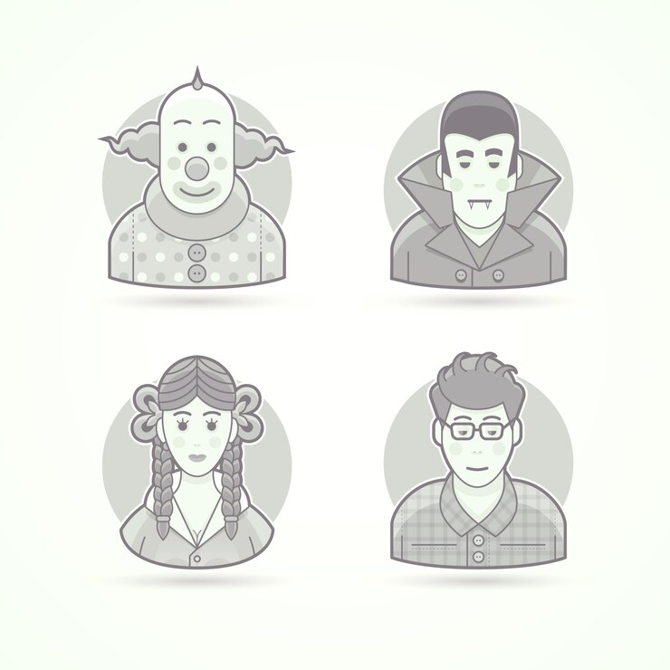 Vector payaso de circo, traje de vampiro, mirada de colegiala, nerd. conjunto de ilustraciones de personajes, avatar y persona. estilo esbozado en blanco y negro.