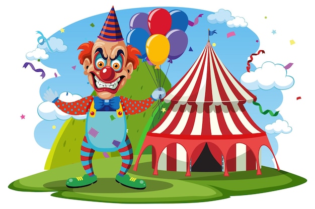 Vector payaso espeluznante con fondo de carpa de circo