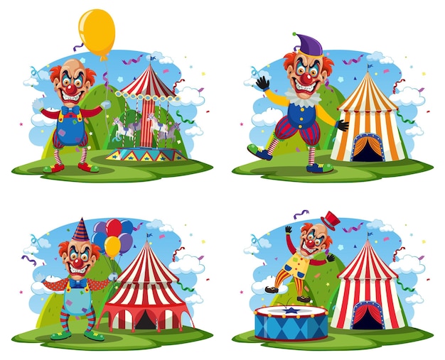 Payaso espeluznante con fondo de carpa de circo