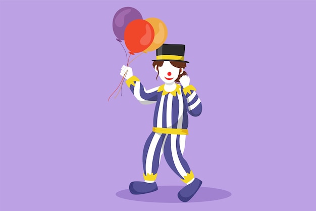 Payaso femenino de dibujo plano de personaje de pie y sosteniendo globos con gesto de celebración con sombrero y disfraz de payaso listo para entretener a la audiencia en el espectáculo de circo Ilustración de vector de diseño de dibujos animados