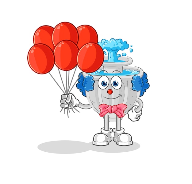 Payaso de fuente de agua con personaje de dibujos animados de vector de globos