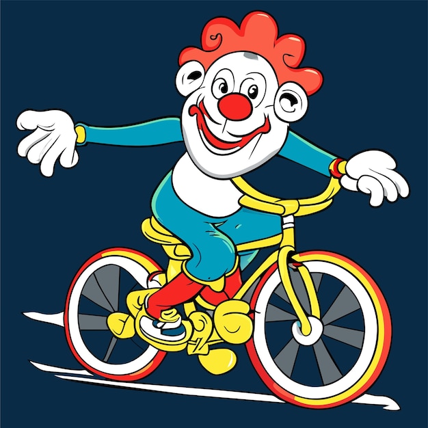 Payaso montando una bicicleta de una rueda dibujado a mano plano elegante pegatina de dibujos animados icono concepto aislado