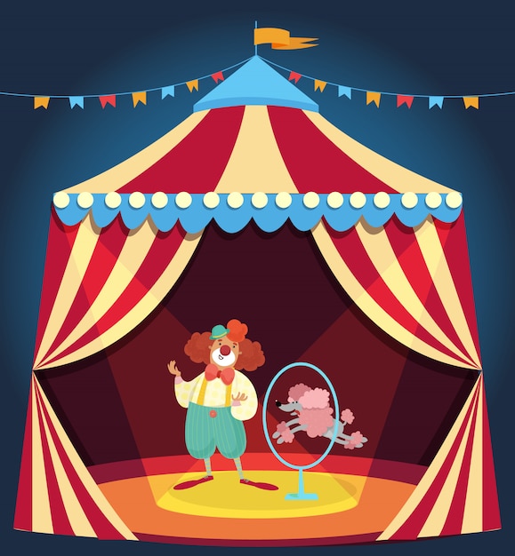 Payaso mostrando rendimiento con caniche perro saltando a través del aro. carpa de circo decorada con coloridos bunting concepto de entretenimiento. diseño plano