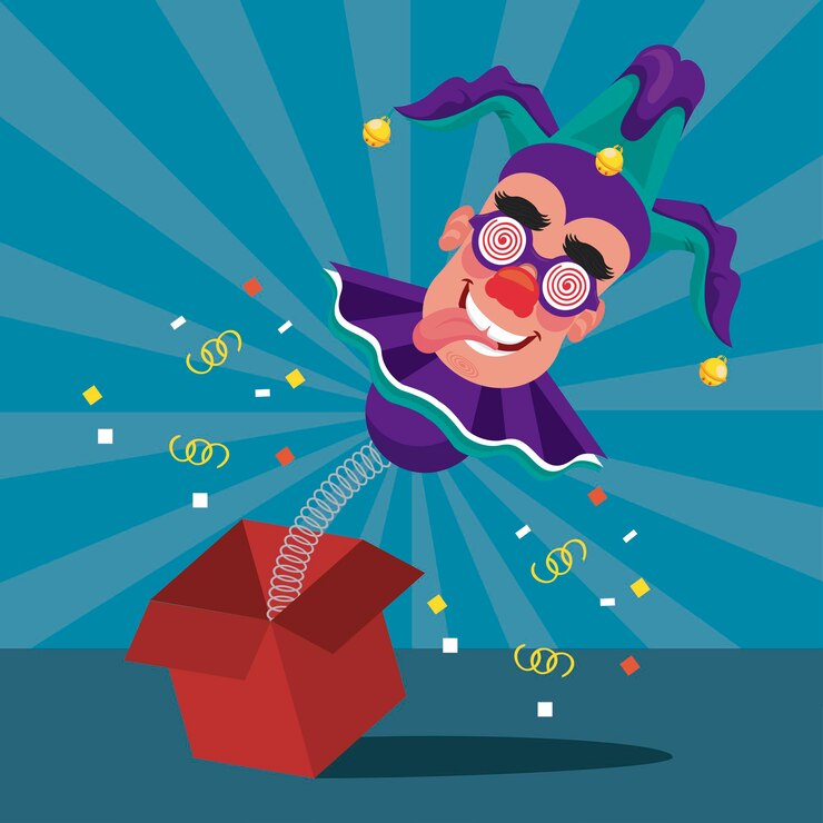Vector payaso con sombrero de bromista y máscara en caja sorpresa e ilustración de confeti