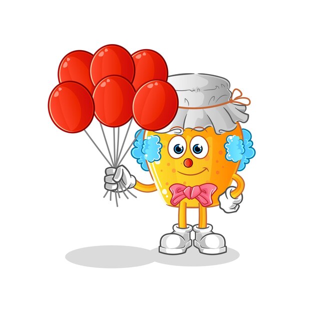 Payaso de tarro de miel con vector de globos. personaje animado