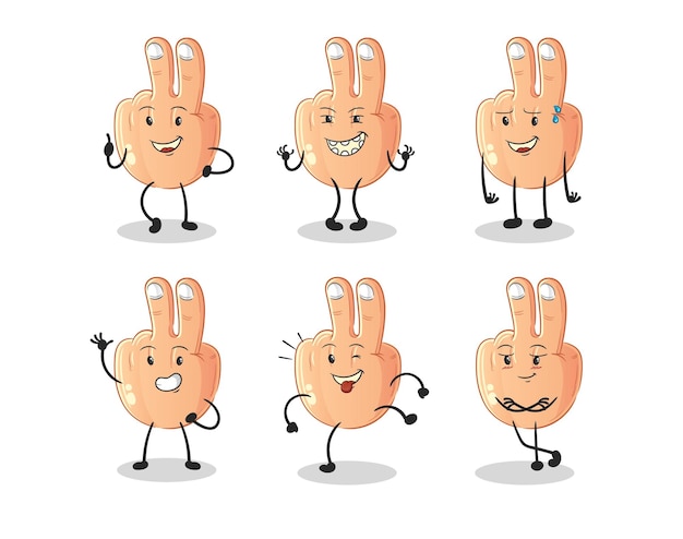 Paz dedo feliz conjunto personaje de dibujos animados mascota vector