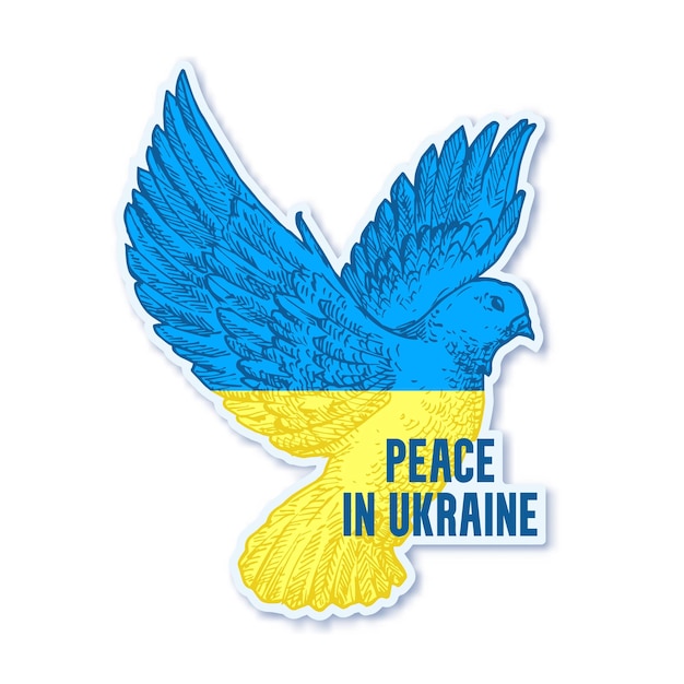 Paz en Ucrania Ilustración Bandera ucraniana en una mano dibujada Paloma Pájaro símbolo de paz signo insignia etiqueta tmplate Orar por Ucrania ayudar a detener la guerra ropa imprimir emblema Etiqueta de redes sociales aislada
