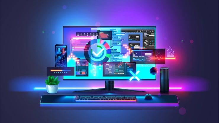 Vector pc computer keyboard mouse on desk in dark room with abstract interfaces on screen computer technology concept desktop gaming computer front view on monitor with abstract api programs interface