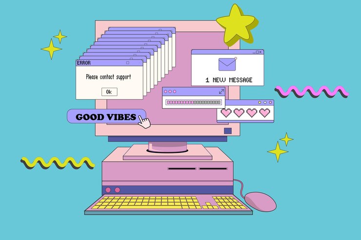Vector pc con monitor, teclado y ratón en estilo retro, computadora con elementos de interfaz de usuario vectorial