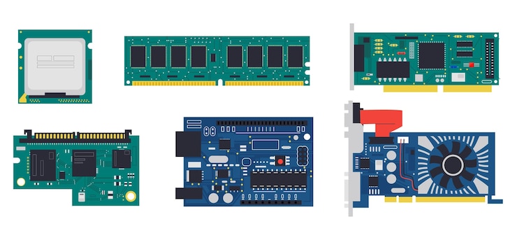 Vector pcb electrónica placa de circuito eléctrico con conductor de chip de memoria y componentes semiconductores conjunto de hardware de microcontrolador vectorial