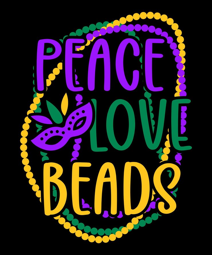 Peace Love Mardi Gras Beads para mujeres Carnival Parade camiseta plantilla de impresión máscara facial vector