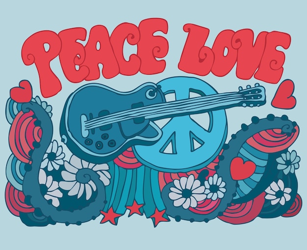 Vector peace love music vector ilustración de una guitarra, símbolo hippie