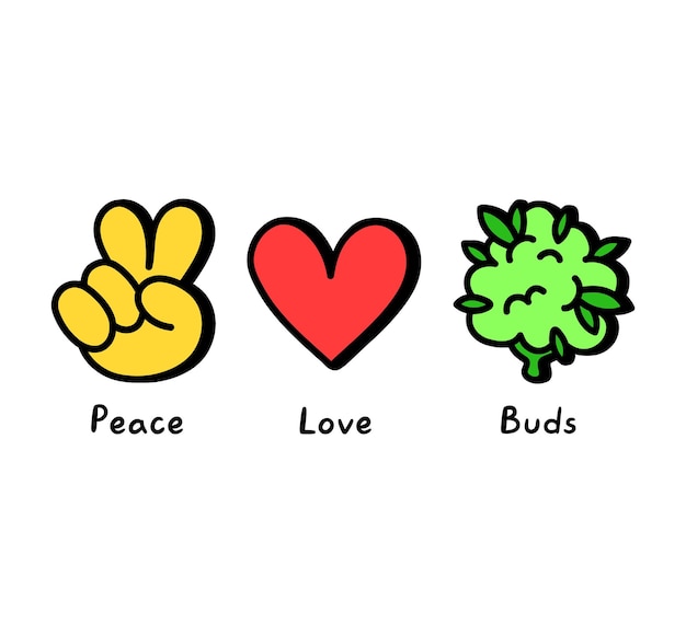 Vector peacelovebuds concept print for tshirtvector cartoon doodle line graphic illustration logo designpeace signheartbuds print for postertshirtlogo concept