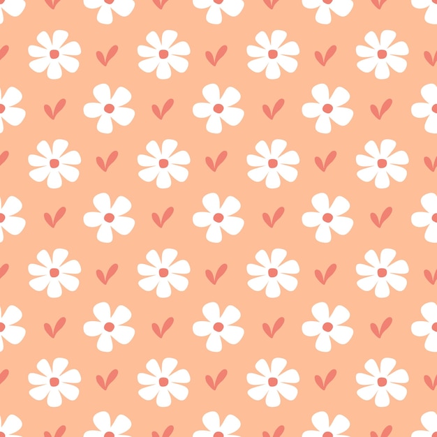 Peach background with white daisy flower seamless pattern