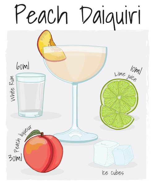 Vector peach daiquiri cocktail illustration receta bebida con ingredientes