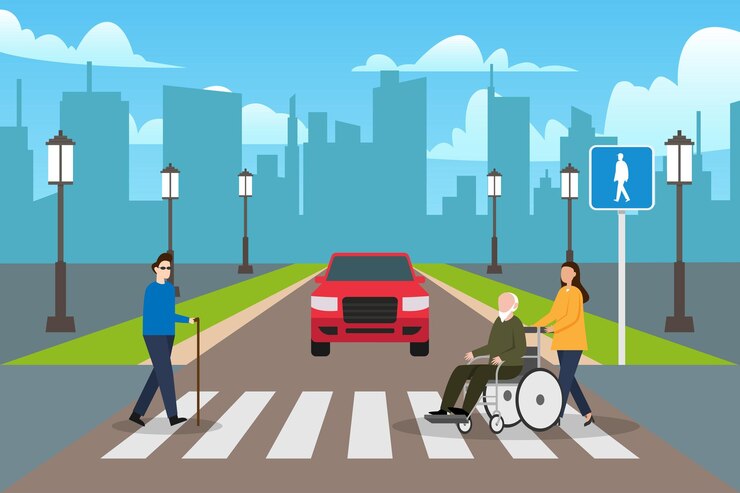 Vector peatones con discapacidad que se desplazan por carreteras con semáforos
