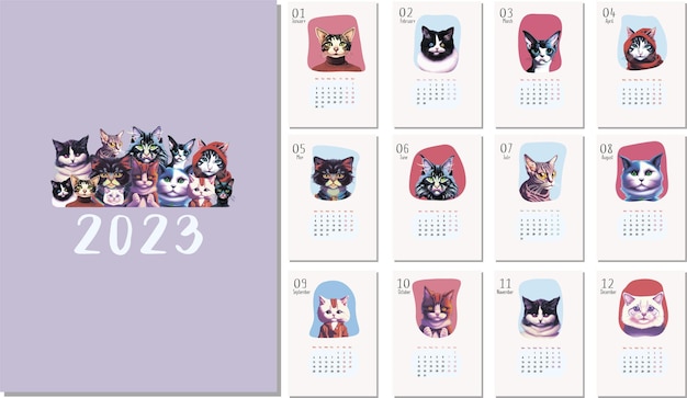 Pecat'Calendar 2023. Diseño vertical con muchos gatos adorables. Vistoso