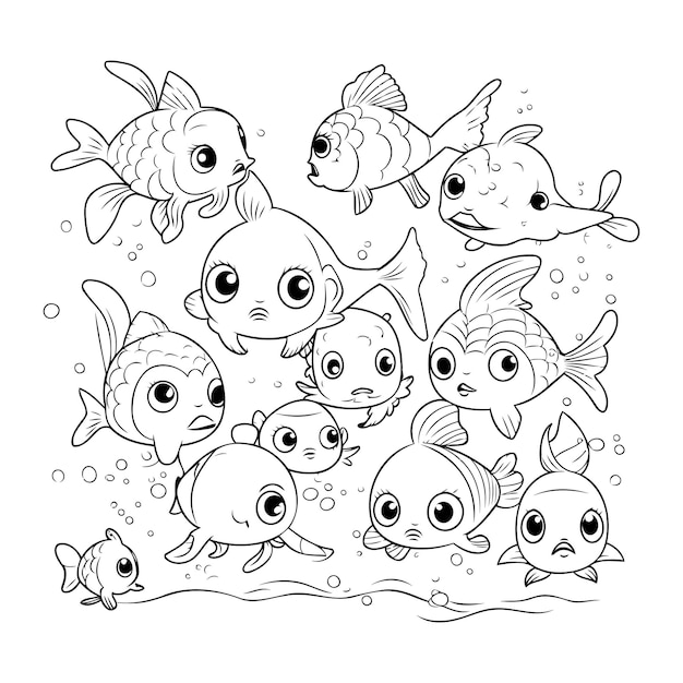 Pececitos de dibujos animados que nadan en el mar Libro para colorear para niños
