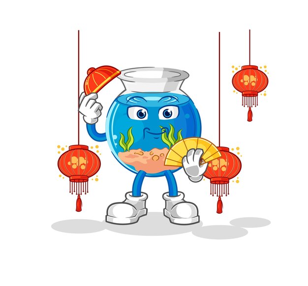 Pecera china con vector de caracteres de ilustración de linternas