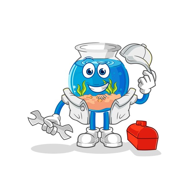pecera, mecánico, caricatura, caricatura, mascota, vector