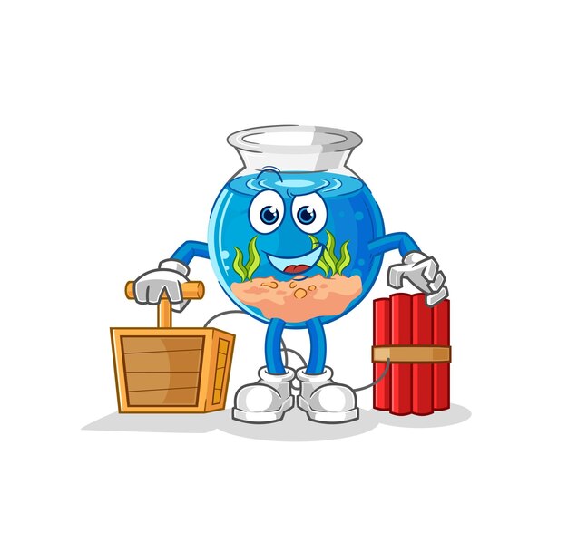 pecera, tenencia, dinamita, detonador, caricatura, mascota, vector
