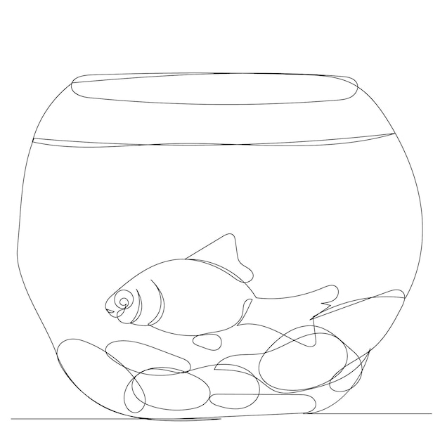 Peces en un acuario dibujo por una línea continua, boceto