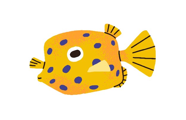 Peces de acuario con manchas divertidos tropicales peces de caja amarillos especies exóticas pequeñas de agua de mar fauna ornamental en miniatura ilustración gráfica vectorial plana aislada sobre fondo blanco