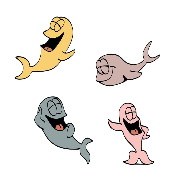 Peces aislados riendo personajes divertidos y lindos Ilustración vectorial al estilo de dibujos animados