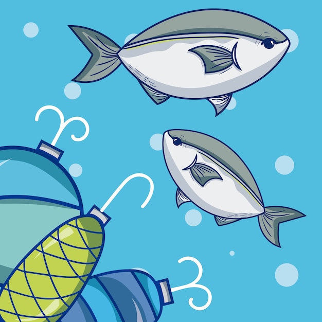 Vector peces y anzuelos sobre fondo azul