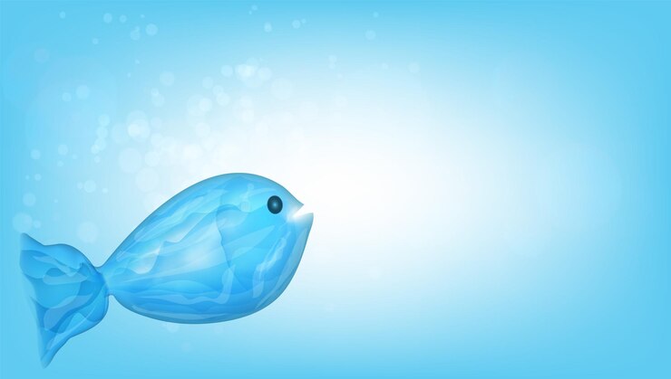 Vector peces de basura de plástico transparente azul en el océano
