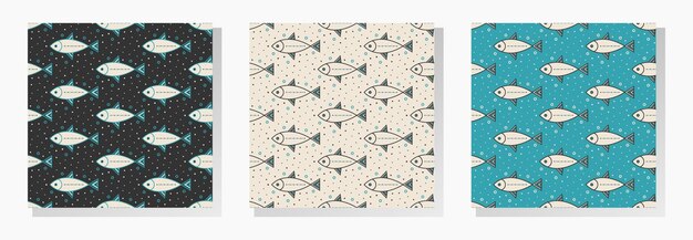Peces y burbujas Colección de patrones sin costuras vectoriales Dibujos estilizados en azul, negro y blanco