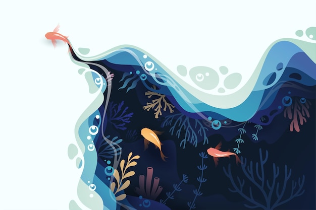 Peces en capas de forma ondulada océano fondo submarino en estilo de corte de papel