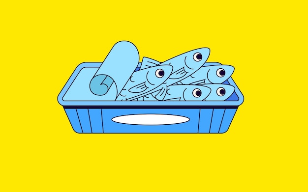 Peces de dibujos animados en una bandeja de plástico con envoltura