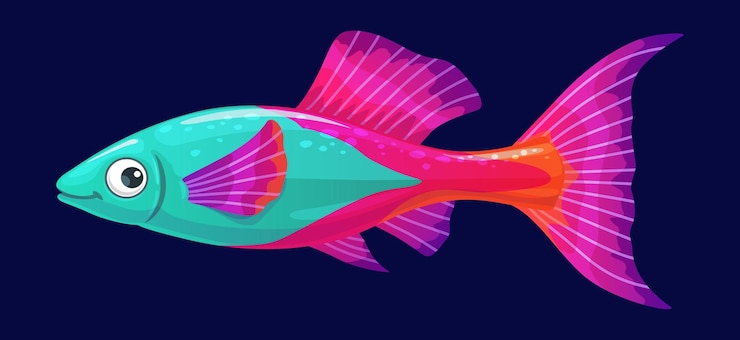 Vector peces de dibujos animados lindos peces de acuario con color neón mar o personaje de arrecife de coral con cara vector animal peces divertidos en color púrpura rojo y verde bebé cómico pez tropical feliz para mascota infantil