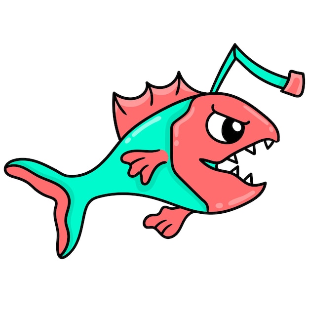 Peces de dientes afilados viciosos de aguas de color rojo oscuro, doodle dibujar kawaii. arte de ilustración vectorial