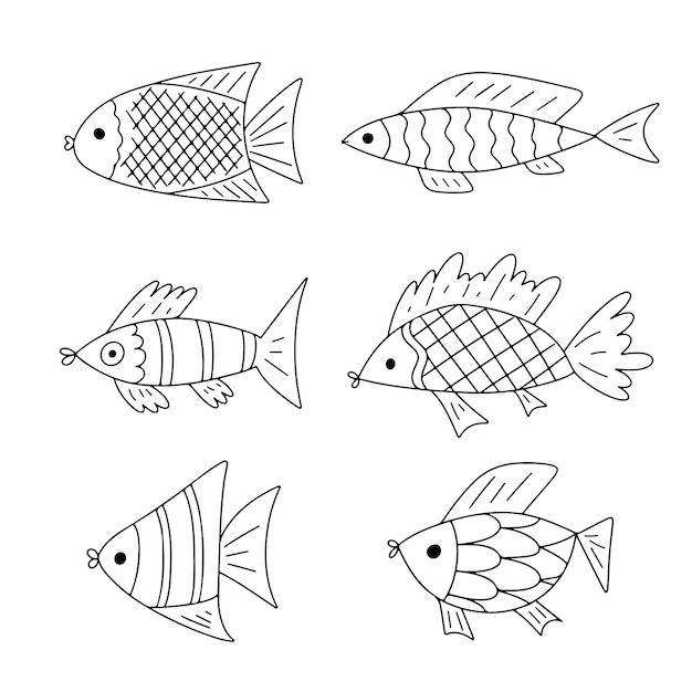 Peces en estilo garabato dibujado a mano Colección de ilustración de vector de animales de acuario de peces