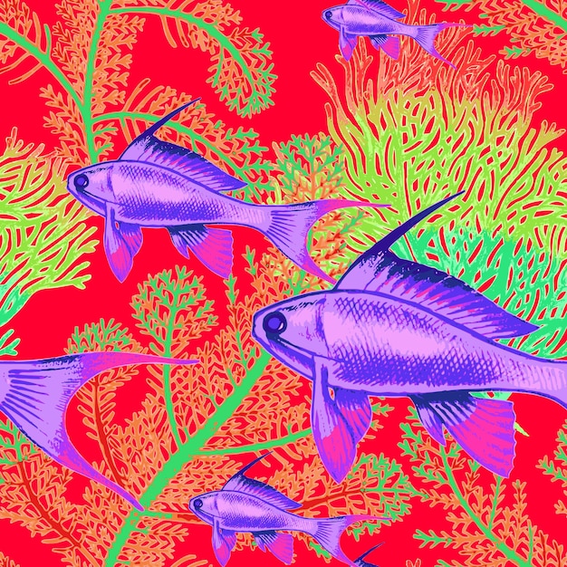 Peces exóticos y corales fondo transparente para papel tapiz embalaje textiles vintage vector