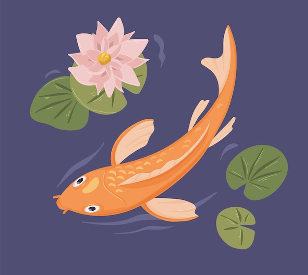 Peces koi japoneses nadando en un estanque de jardín con flores. Carpa zen tradicional de Japón en agua con nenúfar asiático. Vista superior del pez dorado chino. Ilustración de vector plano coloreado.