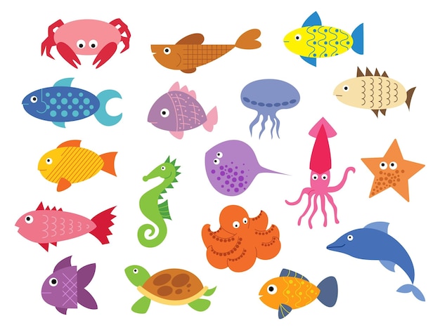 Peces marinos de dibujos animados Animales lindos para niños en el océano o el acuario Vida marina de verano Delfines y rayas coloridos pulpo o caballo de mar Estrellas de mar tropicales Creaturas submarinas vectoriales