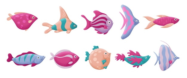Peces oceánicos planos Animal marino Criatura marina submarina Animales de acuario Elementos náuticos abstractos texturizados aislados Caracteres vectoriales ostentosos