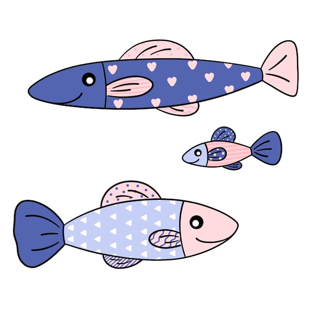 Peces Peces de acuario de dibujos animados estilizados Acuarios Alimentos para peces Productos de pescado Conservas de pescado Vector de pescado