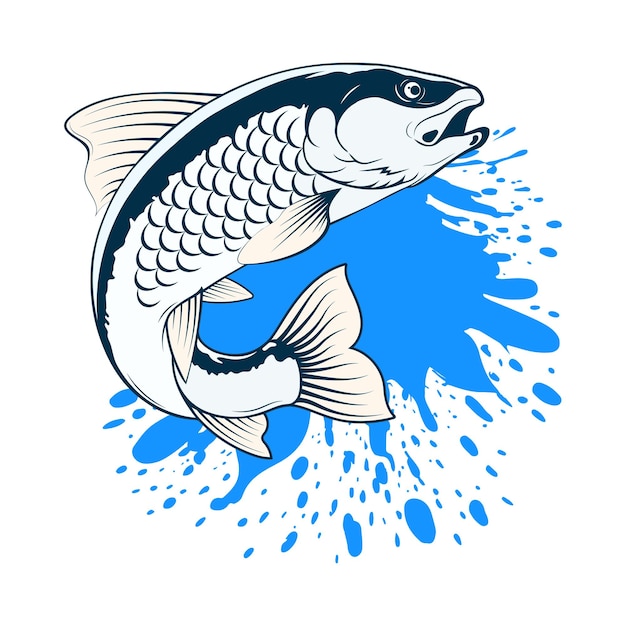 Peces y salpicaduras azules de gotas de agua Diseño para la pesca y la recreación