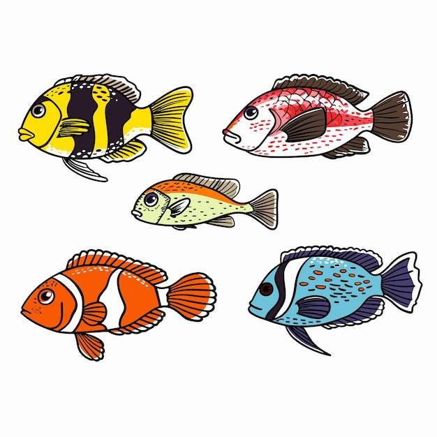 Peces tropicales coloridos ilustrados contra un fondo blanco vida marina vibrante dibujada a mano